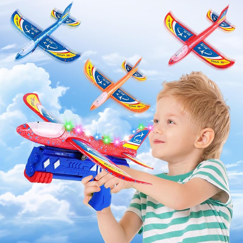 TEGOVE Avion Planeur en Polystyrène avec Pistolet Catapulte LED - 3 Avions Jouets Volants pour Enfants 3-10 Ans, Jeux de Lancer Extérieur Cadeau Anniversaire Garçon Fille