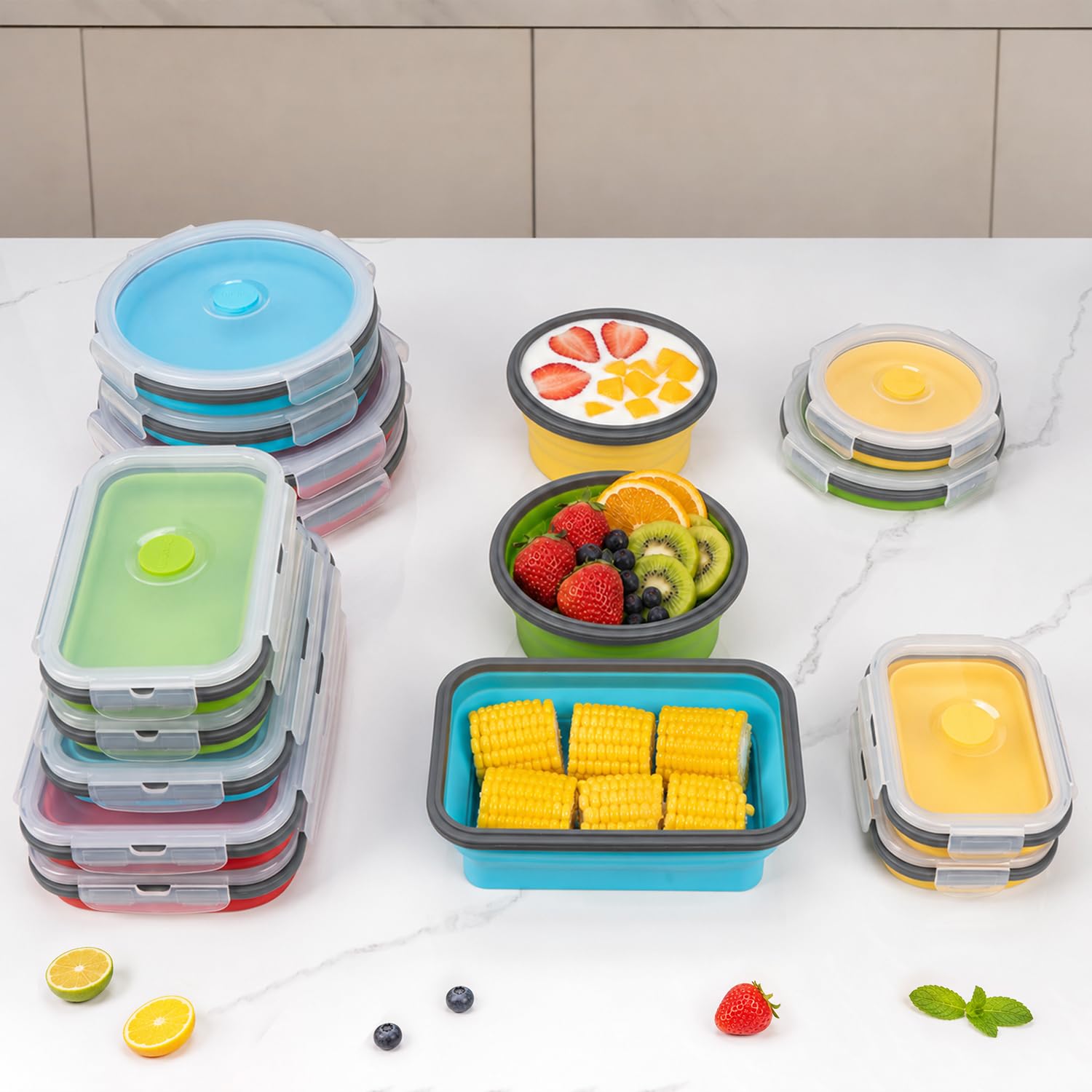 Contenedores plegables de almacenamiento de alimentos con tapa y ventilación de aire, paquete de 16, 8 rectangulares + 8 redondos, Annaklin plegables de silicona, juego de cuencos plegables, aptos
