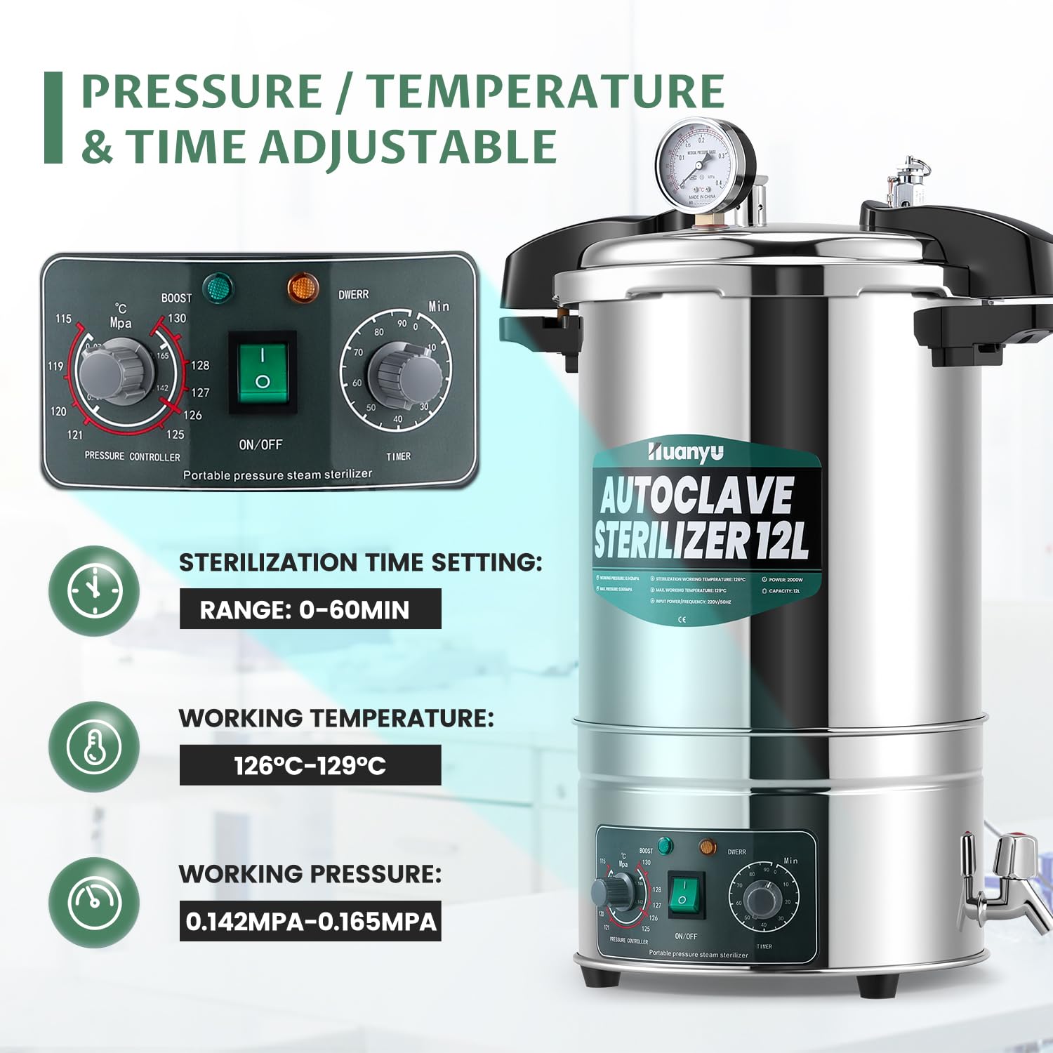 Huanyu 12L Autoclave Esterilizador Autoclave eléctrico de laboratorio ajustable en temperatura y tiempo Diseño de apertura rápida Esterilizador de vapor de alta presión para laboratorios Universidades