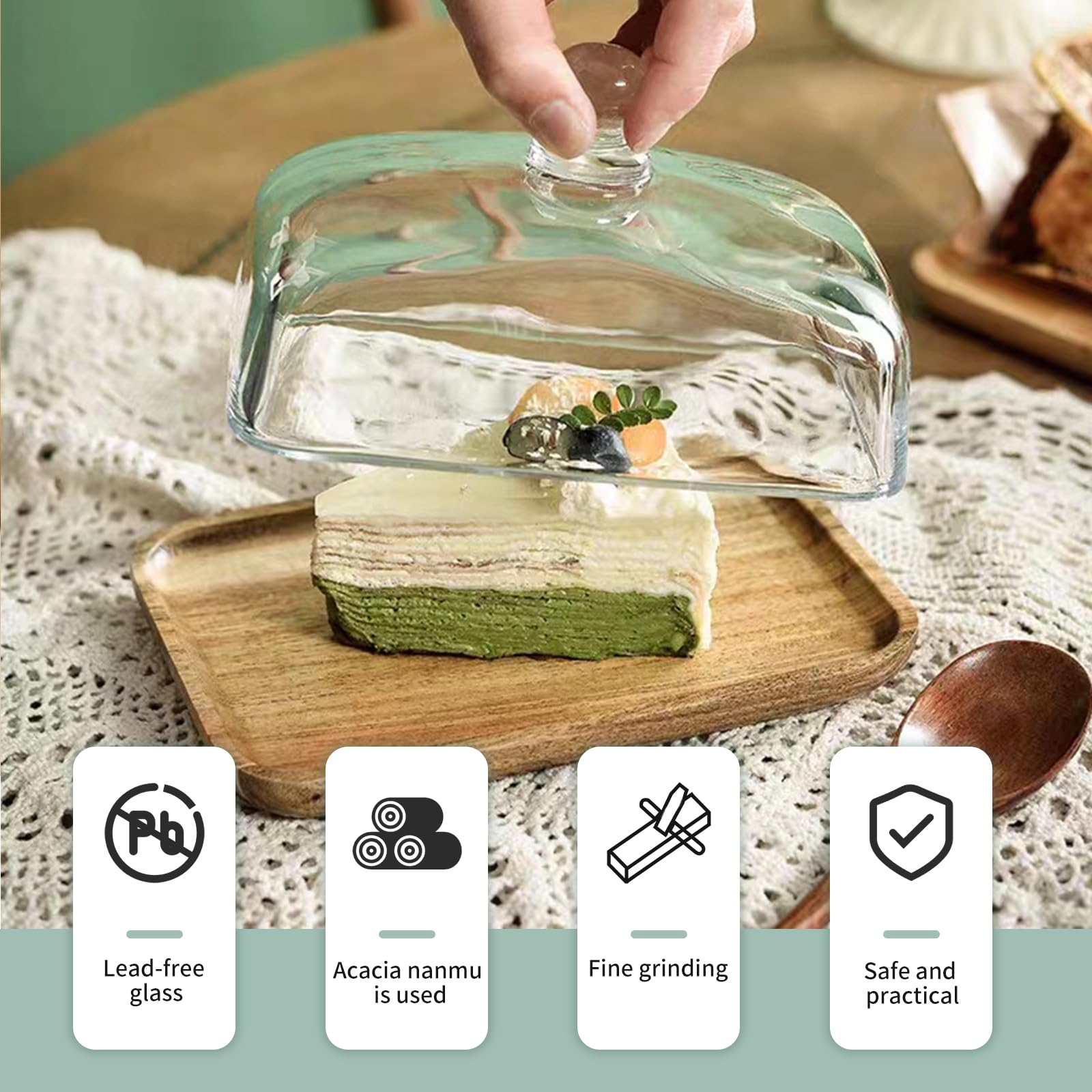 AUEEDS 2 Pack Rectangular Wooden Cake Stand with Glass Dome,Large Mini Cake Plate Holder with Clear Glass Bell,Cake Display Server Tray for Kitchen,Birthday Parties,Weddings,Baking Gifts (4.6 x 7in)