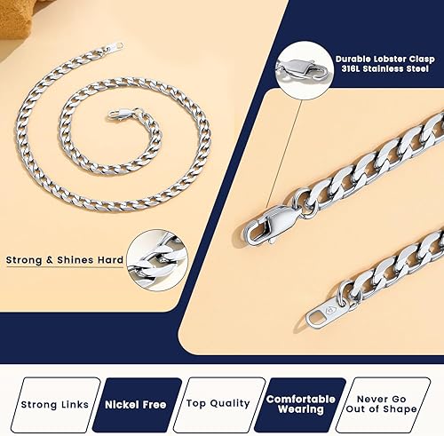 Miniatura 7 de Suplight Cuban Link Curb Chain Necklace for Men Women, Silver ToneBlack18K Gold Plated Chains for Men, Mens Necklace Chains Stainless Steel HipHop