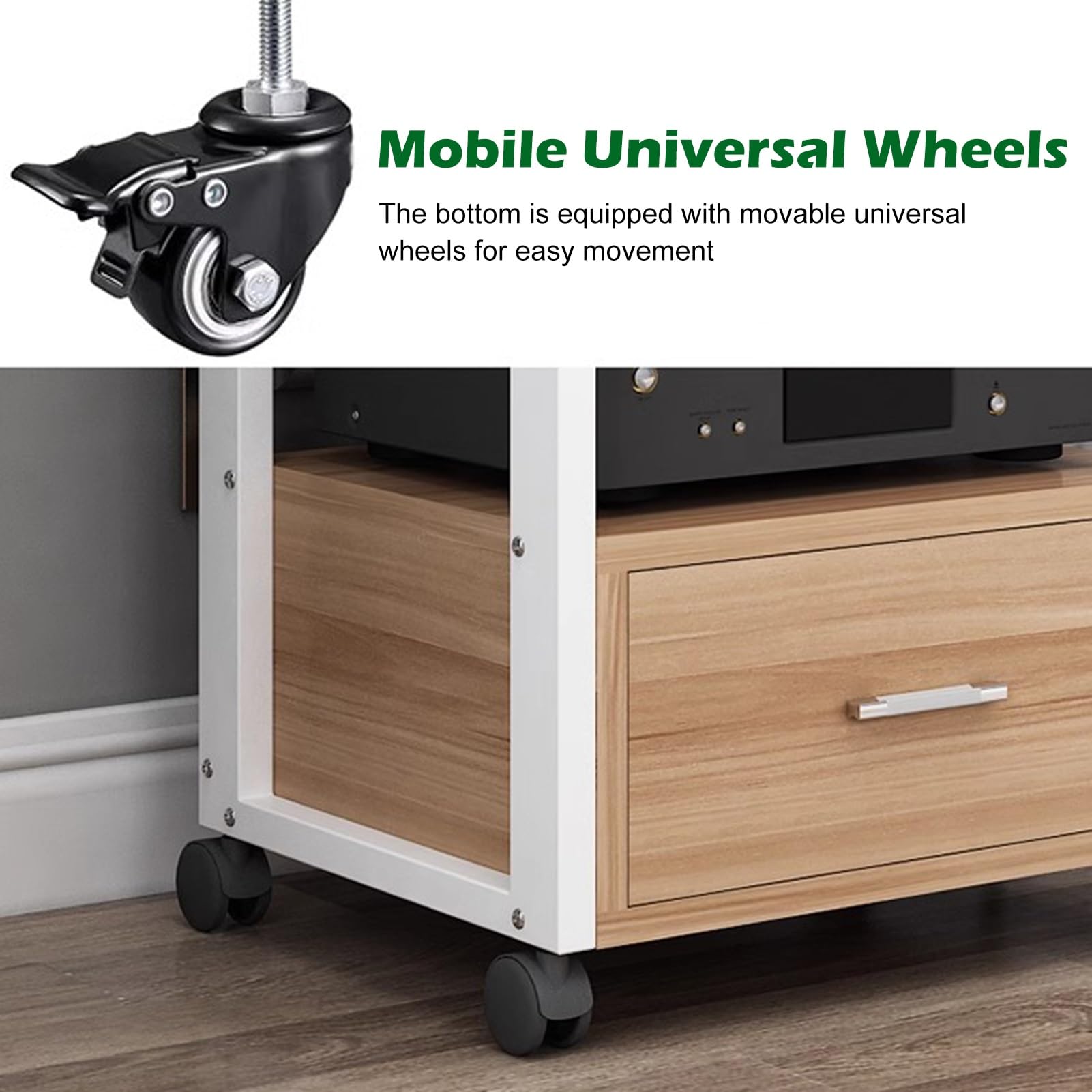 porta-DVD, Supporto stereo con telaio bianco, ruote e cassetto