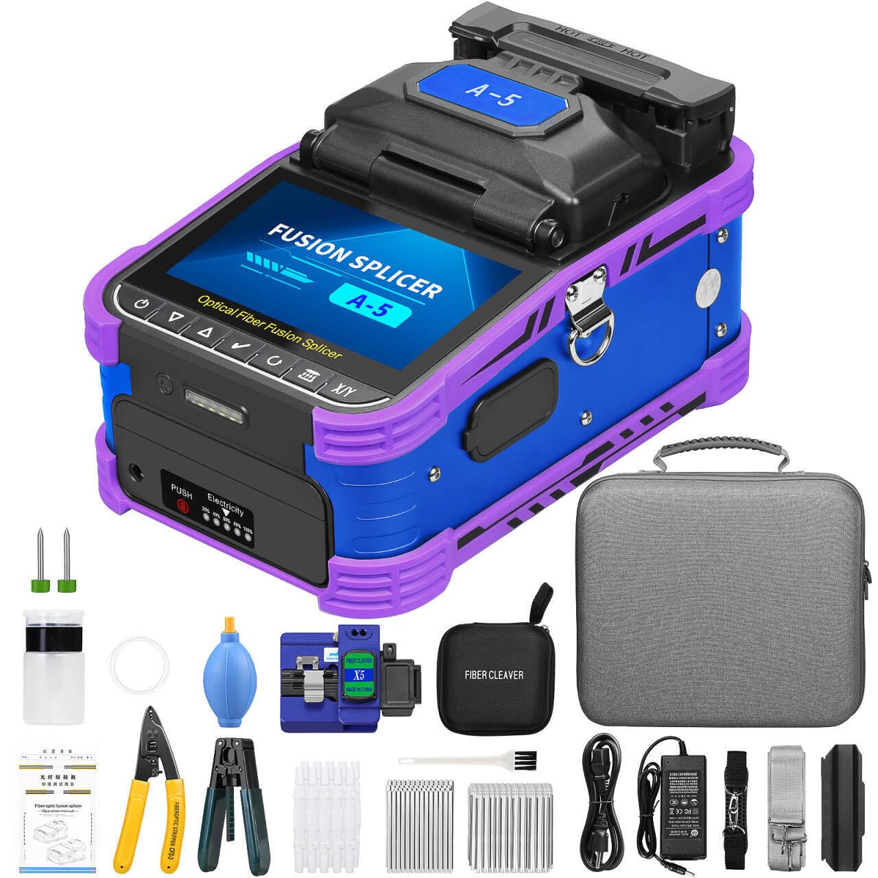Fiber Optic Fusion Splicer A-5 6 Motor FTTH Welding Splicing 8S Heating 18S 5-inch Touch Screen Core Alignment Fusion Splicer SM&MM Fiber Optic Cable Splicing Machine