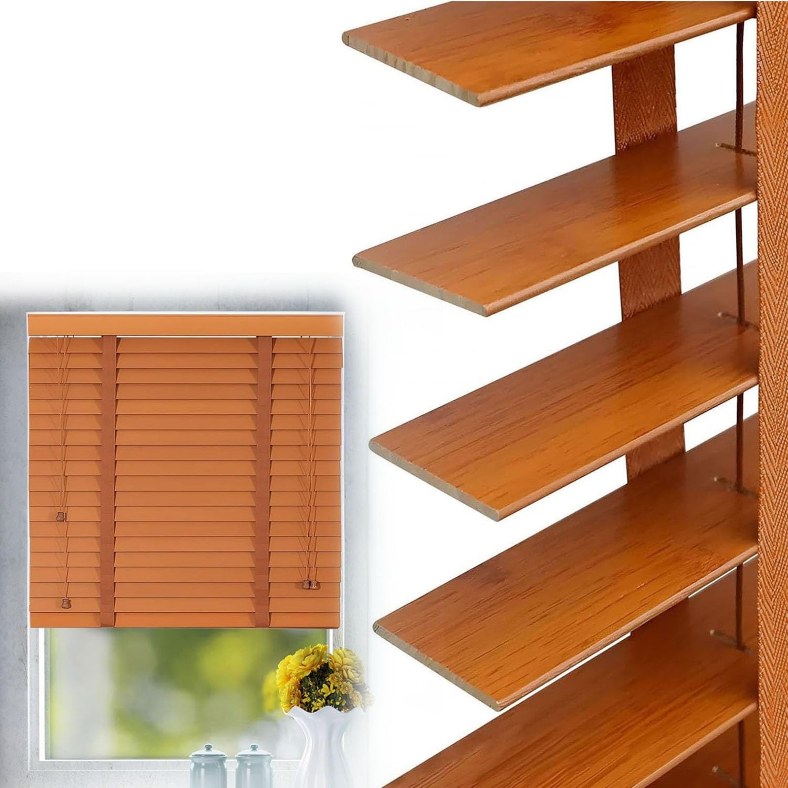 Wooden Indoor Window Blinds 50mm Slats, 30cm 40cm 50cm 60cm 90cm 100cm 120cm 140cm 150cm 160cm 180cm Privacy Horizontal Shades, Plantation Style Wooden Venetian Blind(Light brown)