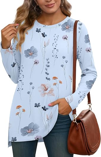 JUSTFASHIONNOW Womens Long Sleeve Tunic Tops to Wear with Leggings Crew Neck Side Split Layering Shirts Loose Fit Long Tops