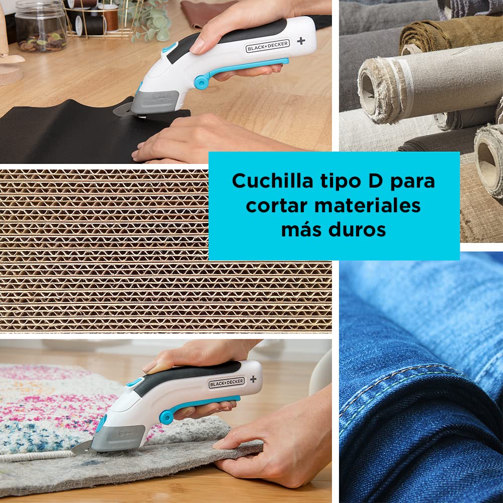 Black+Decker BCSC115-XJ - Tijeras 3,6v, Gatillo extralargo, Luz LED, Diseño ultra-ergonómico, Batería 1,5Ah, Carga USB, Incluye 2 cuchillas de corte, Multicolor