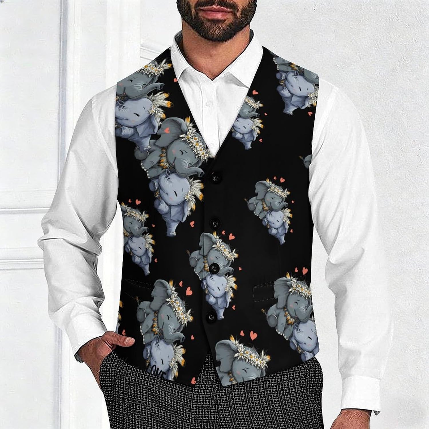 Cute Elephant I Love You Men's Suit Vest Formal Vests Casual Dress Fit Waistcoat Casual Tuxedo for Business