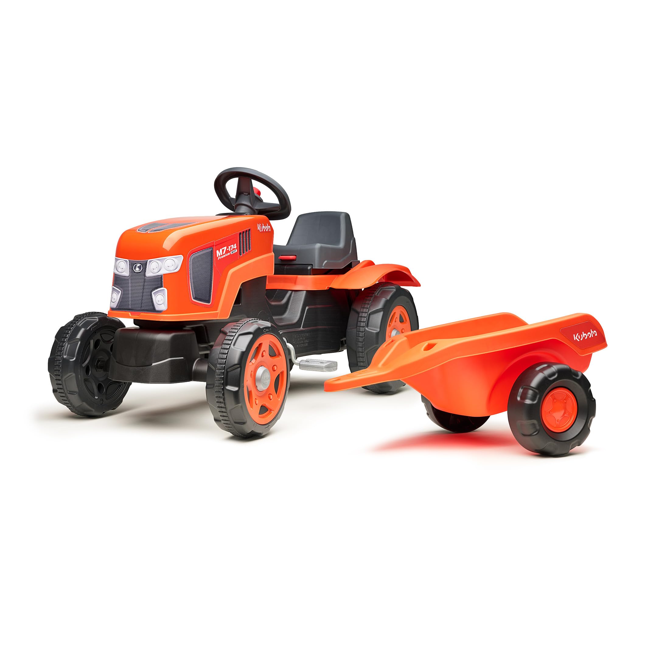 Falk Kubota Traktor mit Pedalen für Kinder, mit Anhänger, ab 2 Jahren | Haube zum Öffnen und verstellbarer Sitz