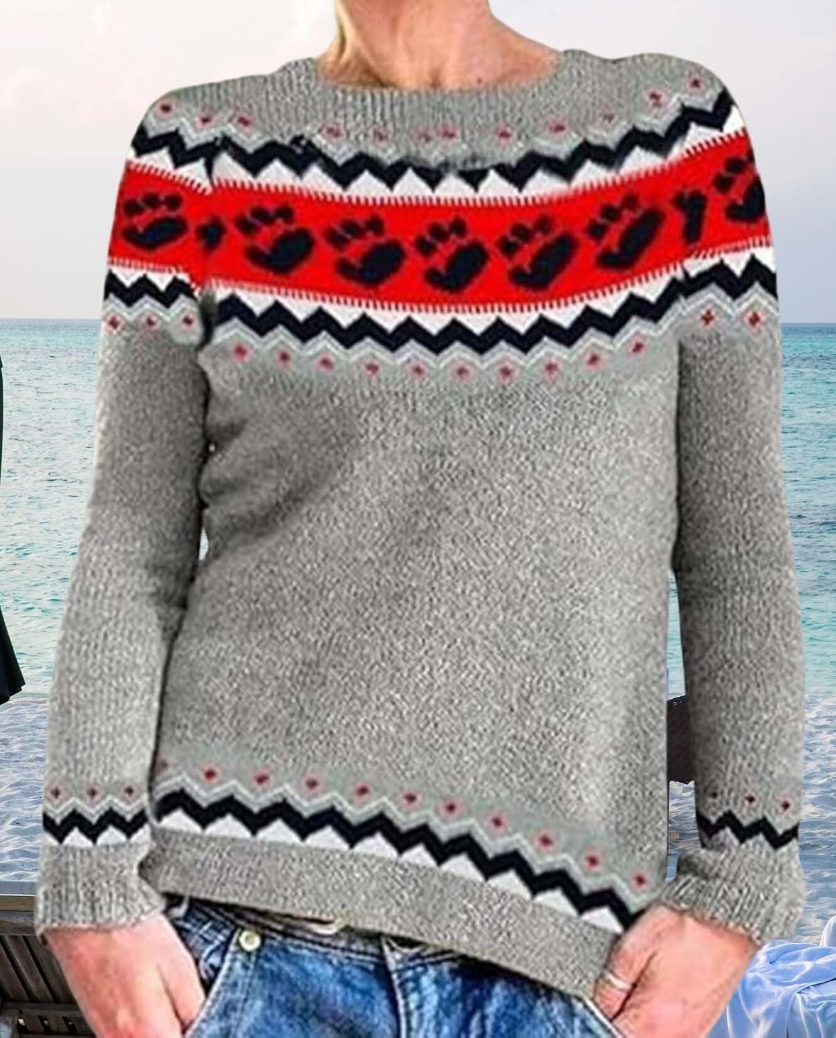 Womens Pullover Vintage Sweater Casual Loose Long Sleeve Knitted Sweater Autumn and Winter Striped Vintage Designs - Image 3