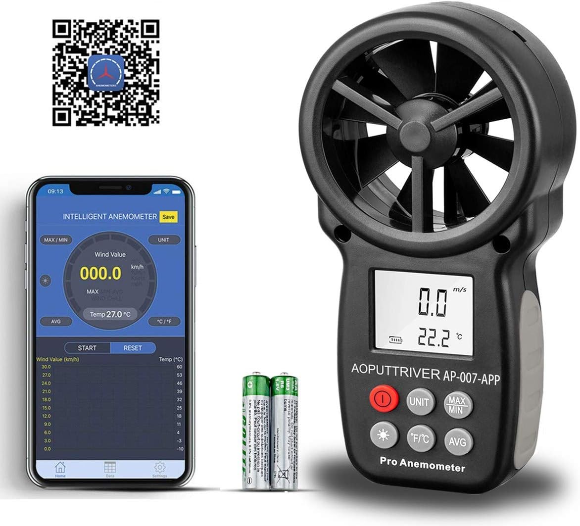 amazon com aoputtriver bluetooth anemometer ap 007app handheld wireless anemometer wind speed meter measuring wind speed temperature with backlit and max min avg for shooting sailling flying climbing hvac patio lawn garden