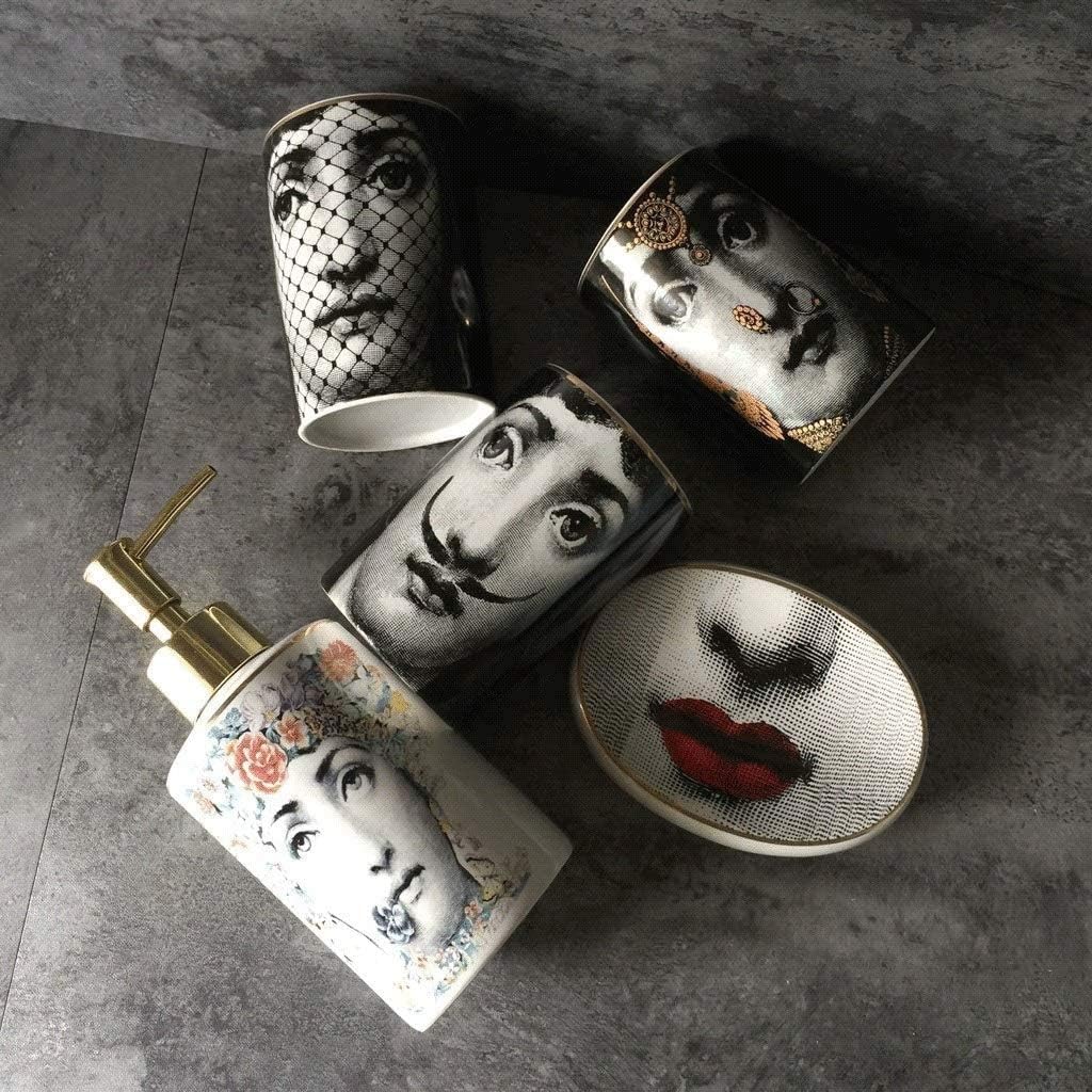 Soap Dispenser Five-Piece Bathroom Accessories Set Toiletries Toiletries Soap Dispenser Toothbrush Holder Tumbler Soap Box，Ceramic Fashion Vintage Pattern Liquid soap Dispenser image 3
