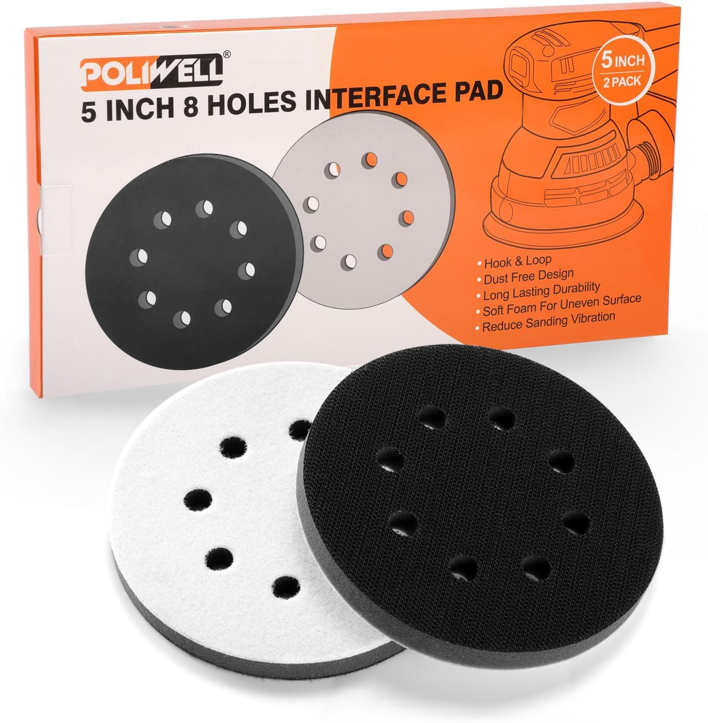 POLIWELL 5 Inch 8 Holes Interface Pad, 5โ Orbital Sander Foam Pad for 5 in Orbital Sander, Hook and Loop Soft Sponge Cushion Buffing Pads Sanding Pads Backing Pads, Pack of 2