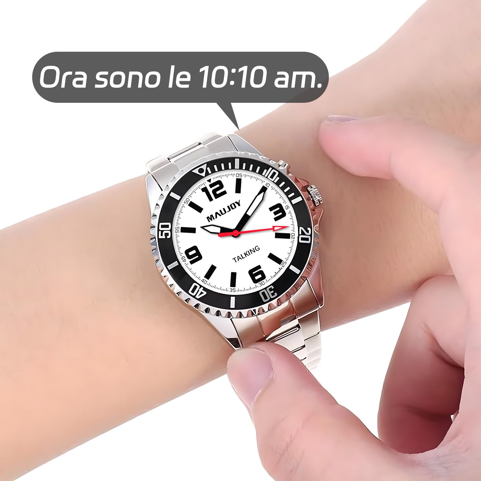 通用 MAUJOY Uomo Orologio Parlante in Italiano con Sveglia e Relazione oraria,annuncio ora e data con giorno della settimana Per anziani e non Vedenti.