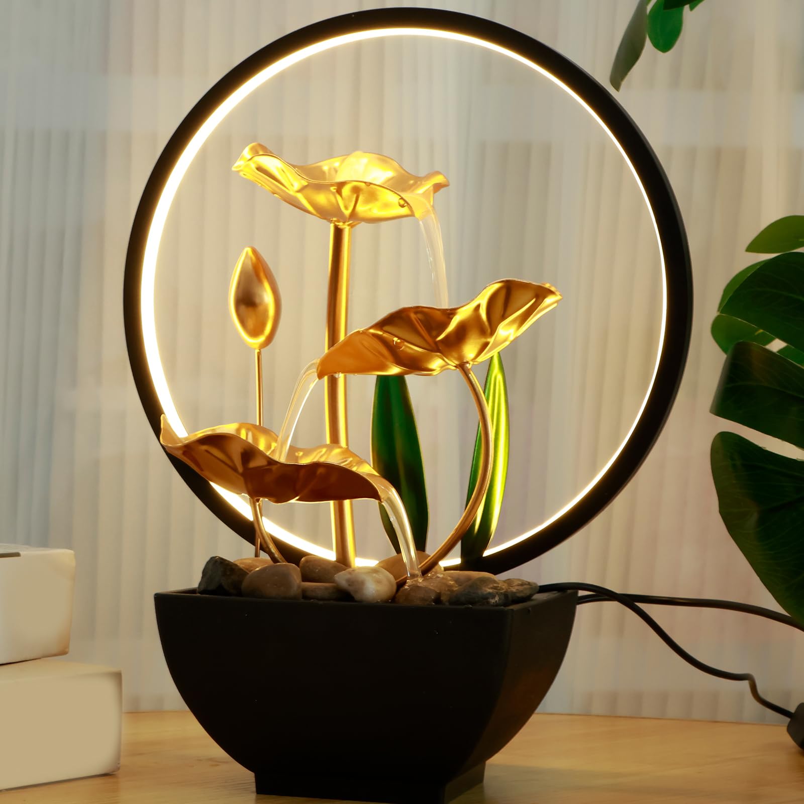 KTZCTPCA Indoor 4-Tier Cascading Bowl Waterfall with LED, Relaxation Meditation Fountain Rock Waterfall, Desk Fountains Flowing Water Ornaments (B)