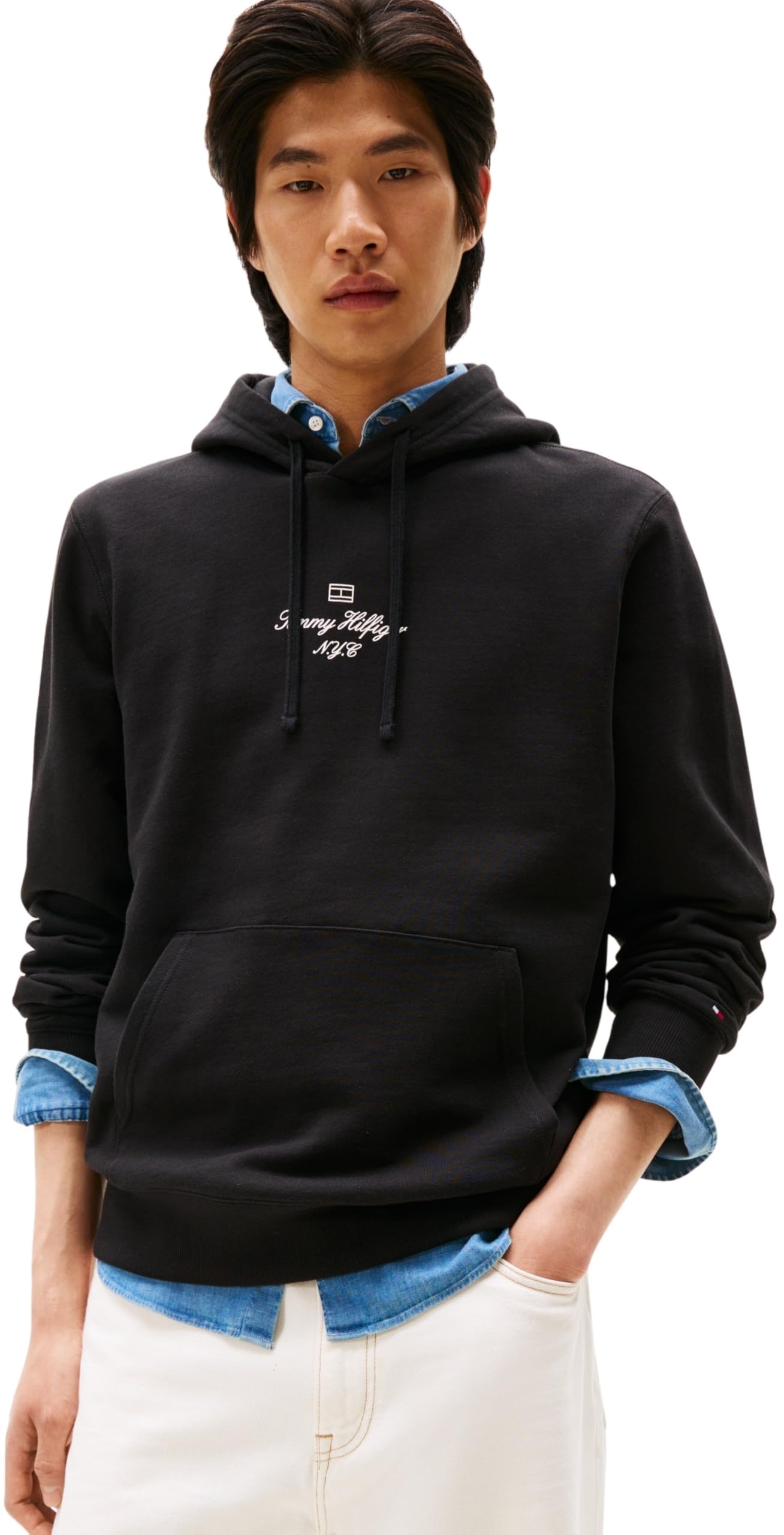 Tommy Hilfiger Men’s Outline Flag Script Hoodie, Black (Black), S
