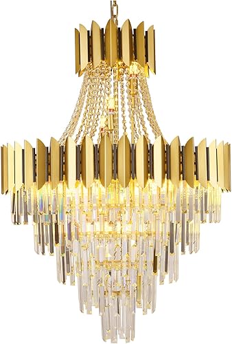 Miniatura 8 de Afficat Candelabro de cristal dorado de lujo, 3 niveles con forma de gota de lluvia K9 para comedor, estilo emperador, lámpara de techo colgante