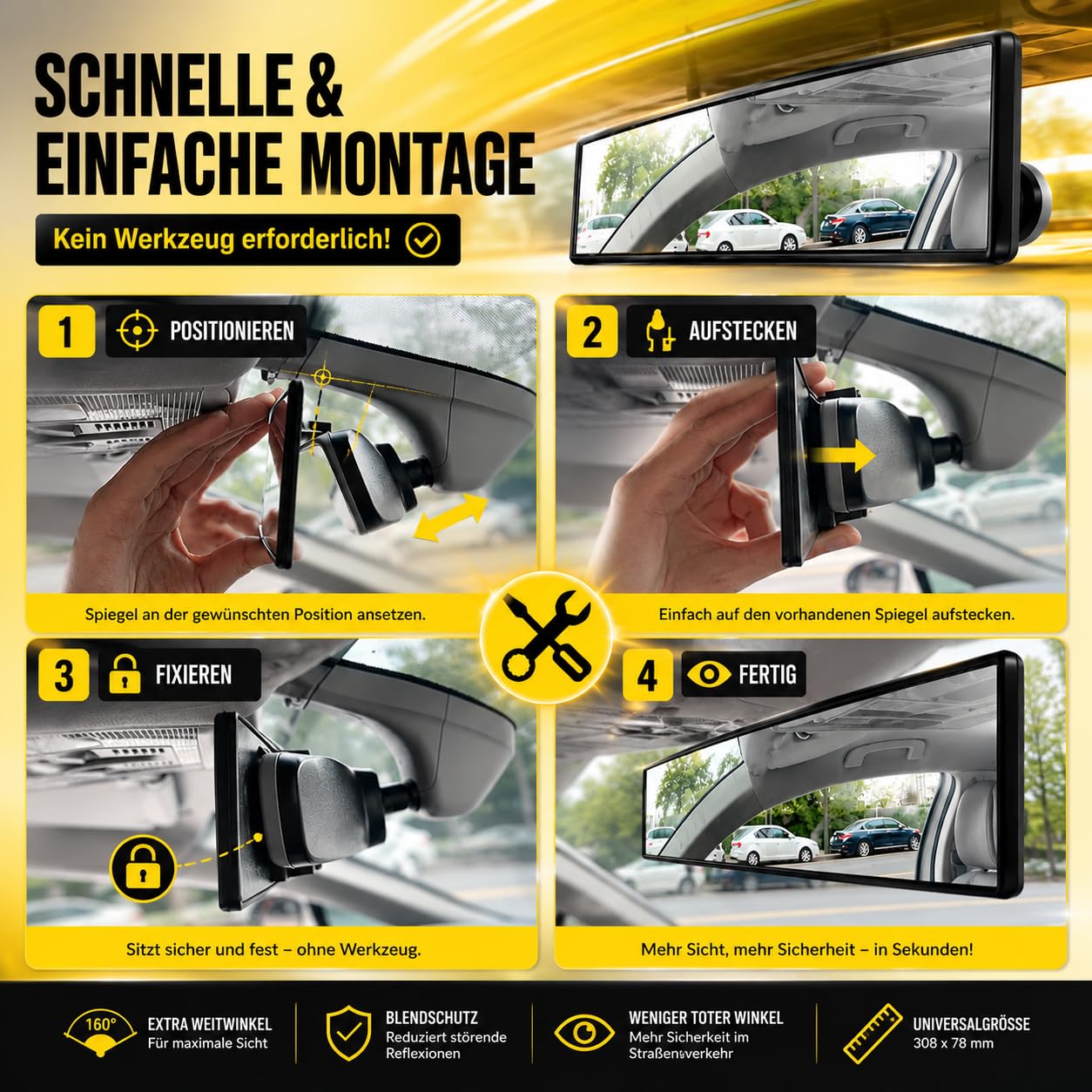 SAULMANN Rétroviseur panoramique pour voiture - Grand angle - 308 x 78 mm - Universel à clipser - Protection contre l'éblouissement - Bonne solution pour les angles morts - Pour voitures, SUV, camions