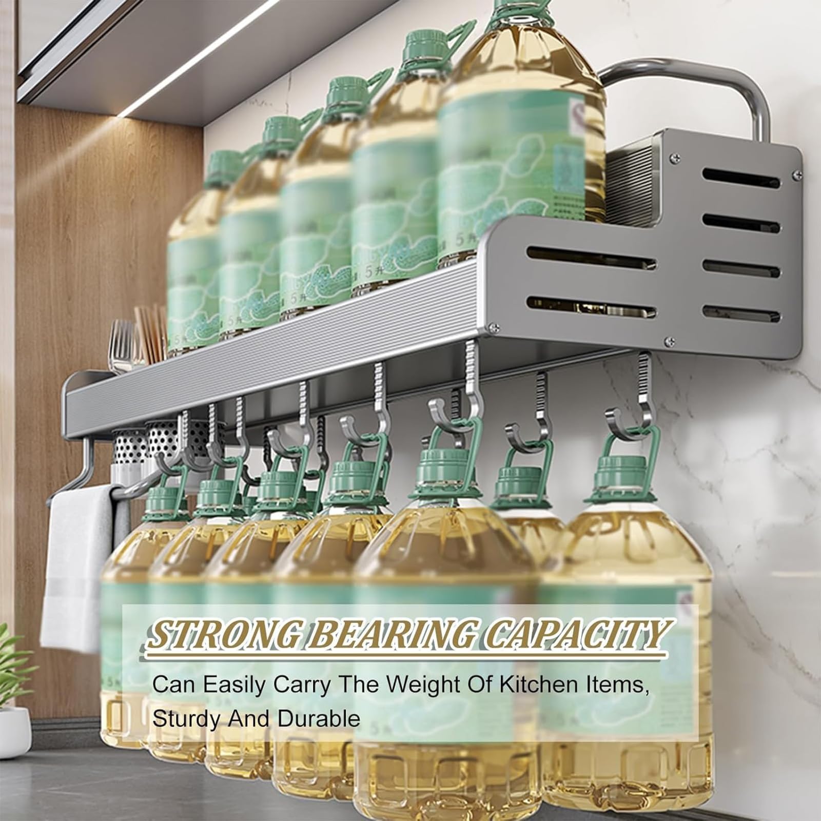 Organizador de Especias de Metal con Soporte para Utensilios y Ganchos para Toallas de Papel, Estante de Especias montado en la Pared, para Especias y Botellas de condimentos,A,L40cm