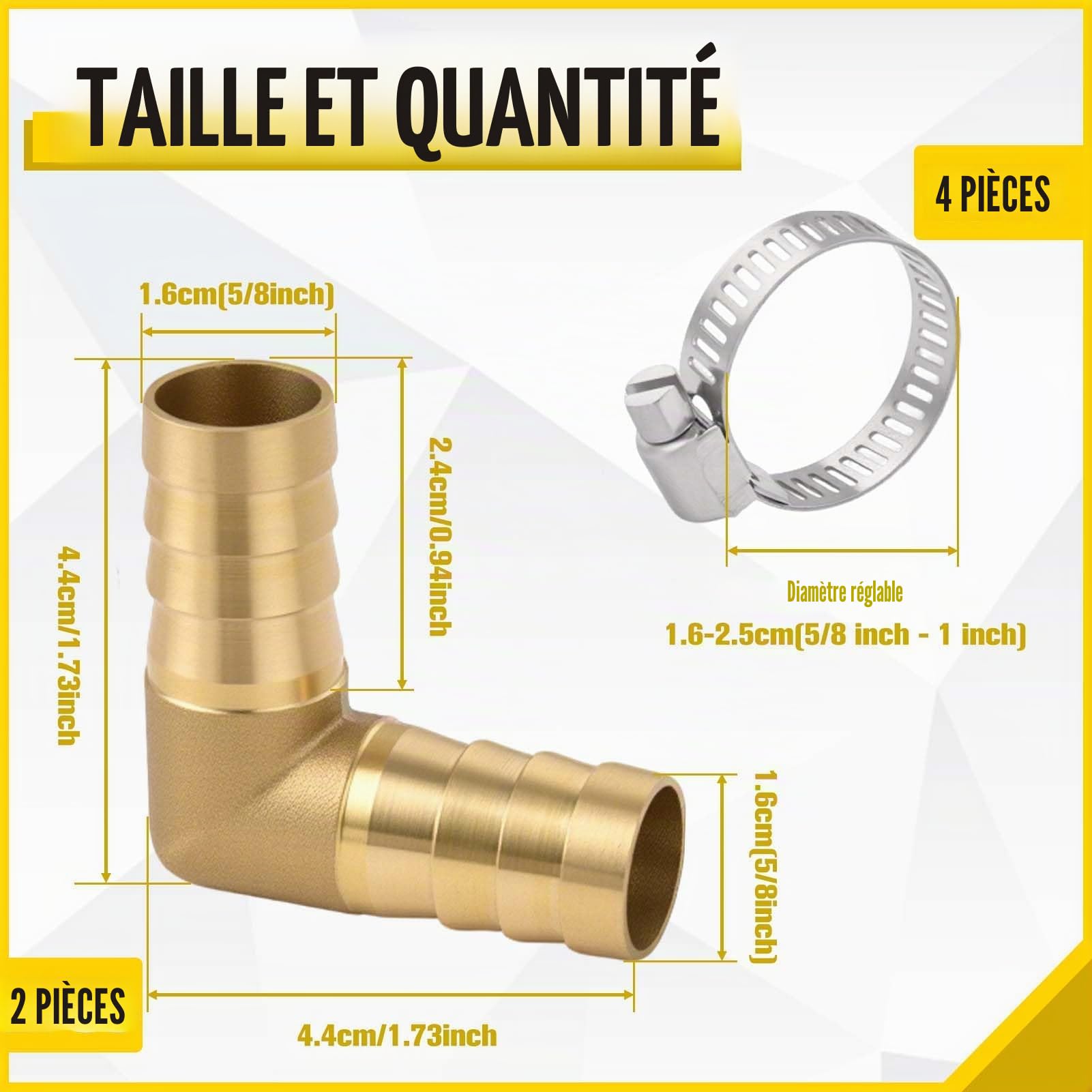 LEONTOOL Kit de 2 Raccords Coude à 90° Laiton 5/8" avec 4 Colliers Inox, Jonction Angled Barbelée pour Tuyau Résistante aux Fuites pour Carburant, Air, Eau, Huile (16mm)