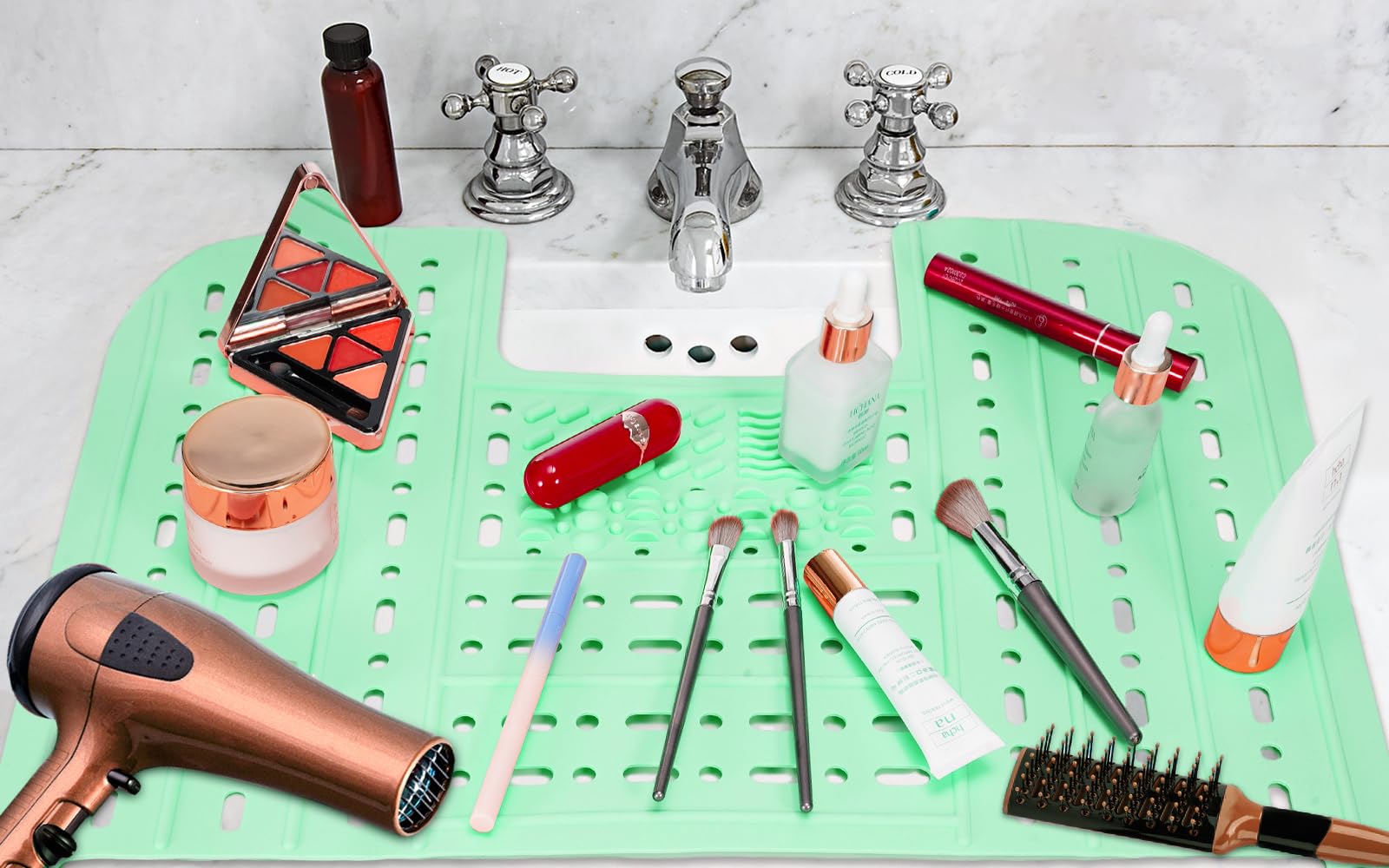 WiweTote Bathroom Sink Cover for Counter Space, Foldable Silicone Makeup Mat with Hanging Loop Heat-Resistant Sink Cover for Makeup, 22 * 17" Space