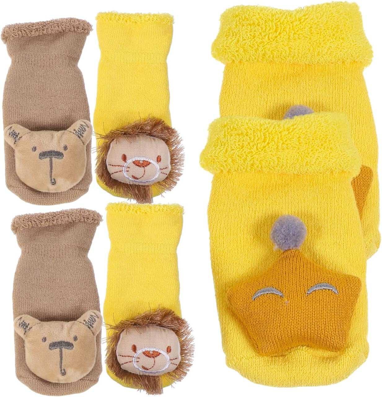 Levemolo 3pairs Cartoon Skid Socks for Toddlers Warm Floor Socks Non- Design for Autumn Winter Fits Ages Years Yellow Lion Yellow Star Khaki Bear