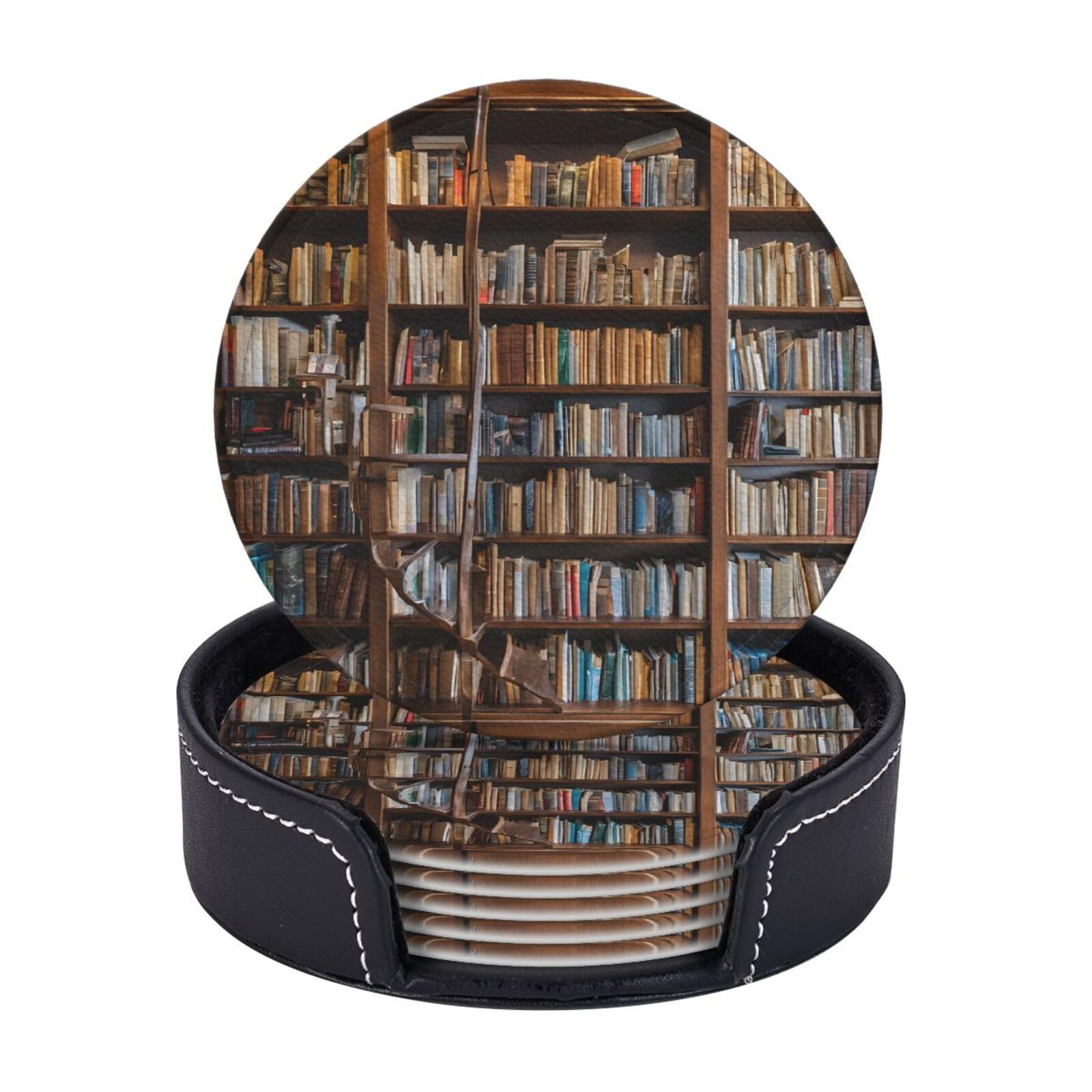 Coasters Set of 6 Microfiber PU leather Coasters with Holders for Drinks Coffee Bar Accessories, House Apartment Coffee Table Decor, Housewarming Gifts - books