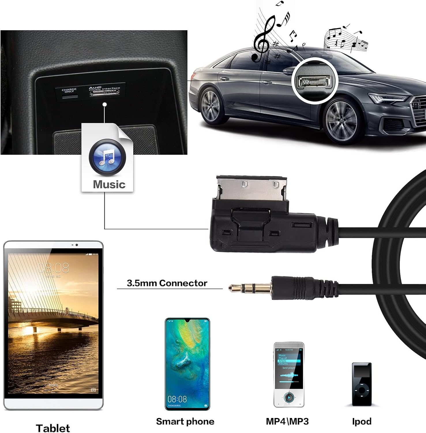 OCR 6.6ft AMI MDI MMI AUX Cable Audio Music Interface Adaptor 3.5mm Jack Aux-in MP3 Cable for Audi Audi A3/A4/A5/A6/A8/Q5/Q7/R8/TT, VW Jetta Passat GTI GLI CC Tiguan Touareg EOS Golf Mk 6, etc.