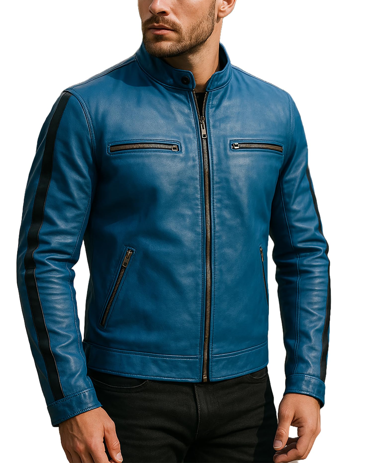 Fashion_First Mens Blue Leather Summer Motorbike Jacket Caual - Men Blue Biker Jacket