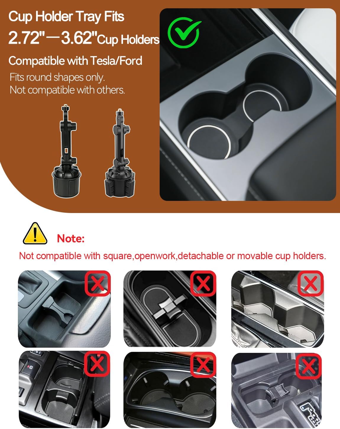 Wooden Car Cup Holder Tray with 360° Rotation, Detachable Food Table Tray for Eating & Snacks, Compatible with Tesla Model Y/3/S, Ford F150/Explorer (Brown, 9.45")