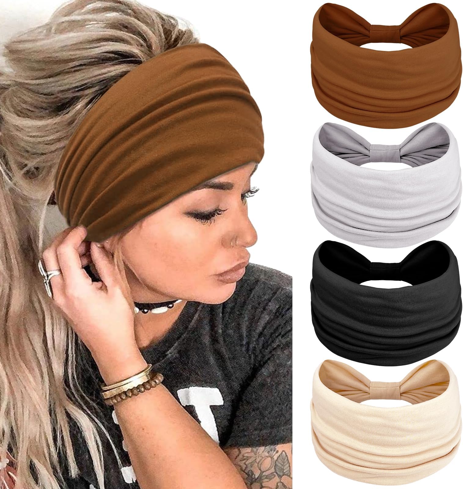 Kavya Head Scarfs for Women, Elastic Soft Boho Headband Flower Leopard Yoga Sport Hairbands, Headbands For Women's Hair(4 Pieces)