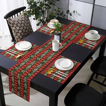Christmas Placemat with Matching Table Runner Linen Burlap Table Top Set Coffee Mat,Farmhouse Winter Berries Pinecone Red Green Table Runner 13"x70" + Place Mats 6PCS for Kitchen Dinner Party