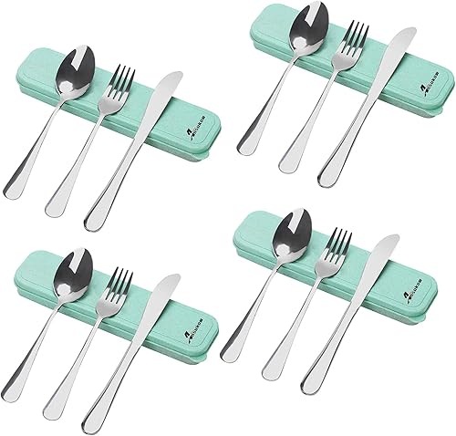 Miniatura 1 de Ansukow Juego de utensilios de viaje portátiles de 16 piezas con funda, juego de cubiertos reutilizables de acero inoxidable 188, fácil de limpiar,