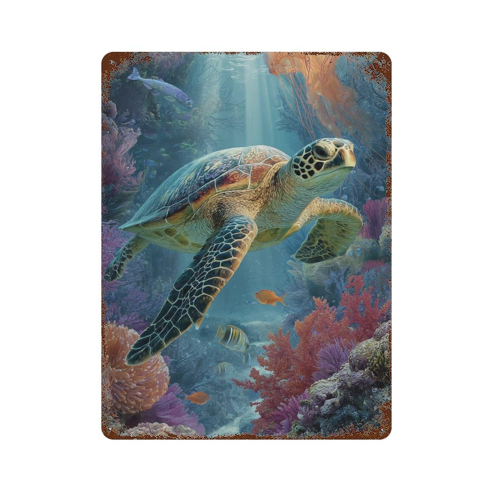 Decorative Tin Sign with Ocean Life Coral Reef Scene Design 15.7"x11.8", for Farmhouse, Kitchen And Entryway Decor, Decorative Metal Wall Art