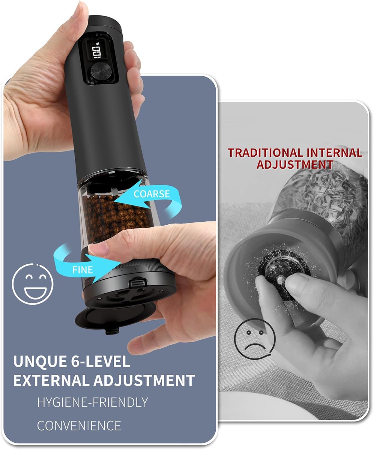 Automatic Nonrust Steel Salt And Pepper Mill With LED Battery Display Adjustable Coarseness Double Speed Mode USB Rechargeable Spices Mill