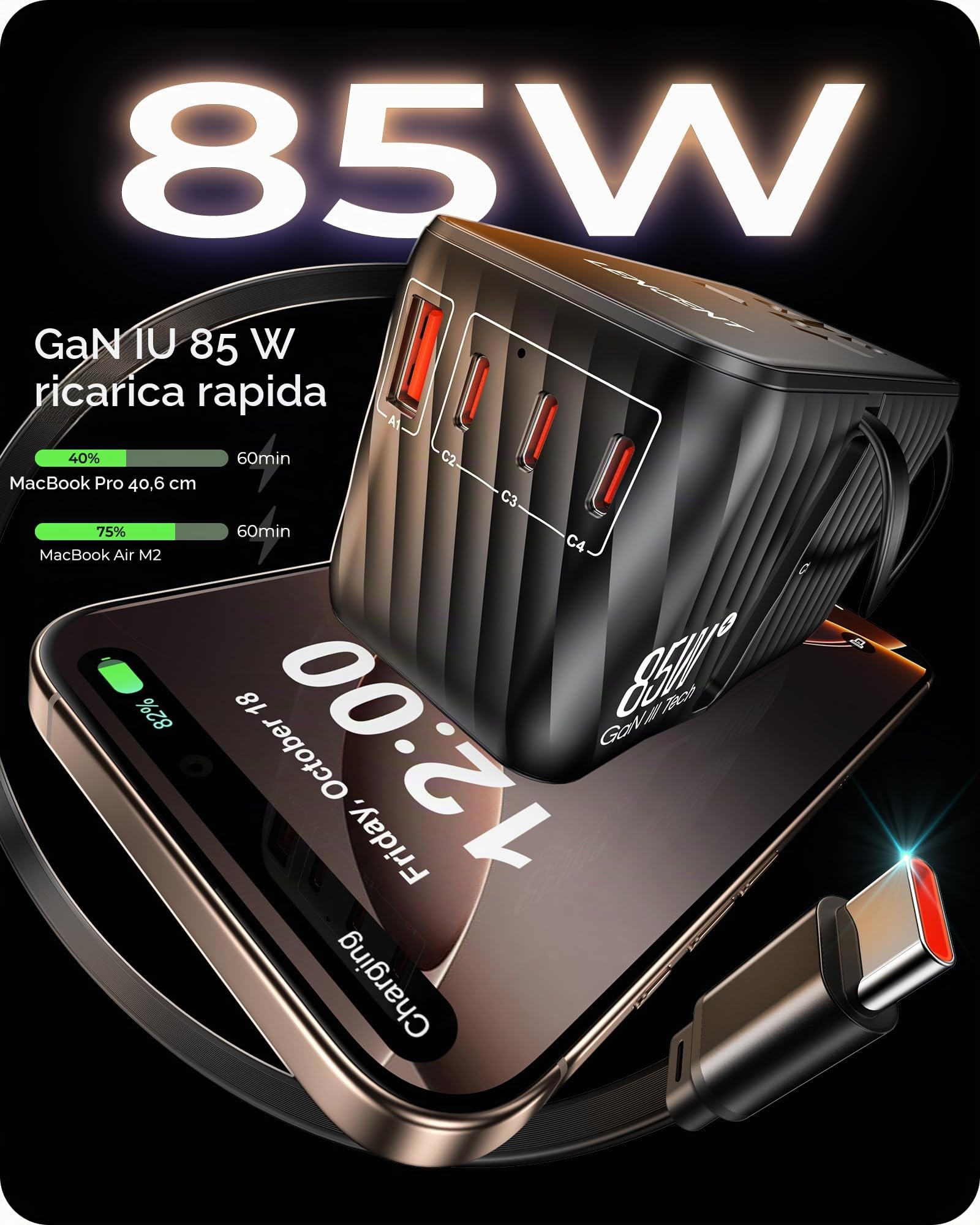 LENCENT GaN 85W Adattatore Universale da Viaggio con Cavo USB C Retrattile | Adattatore Spina Internazionale con 3 USB-C e 1 USB-A Ricarica Rapida, Spina Presa Mondiale per EU a Stati Uniti, UK, AUS