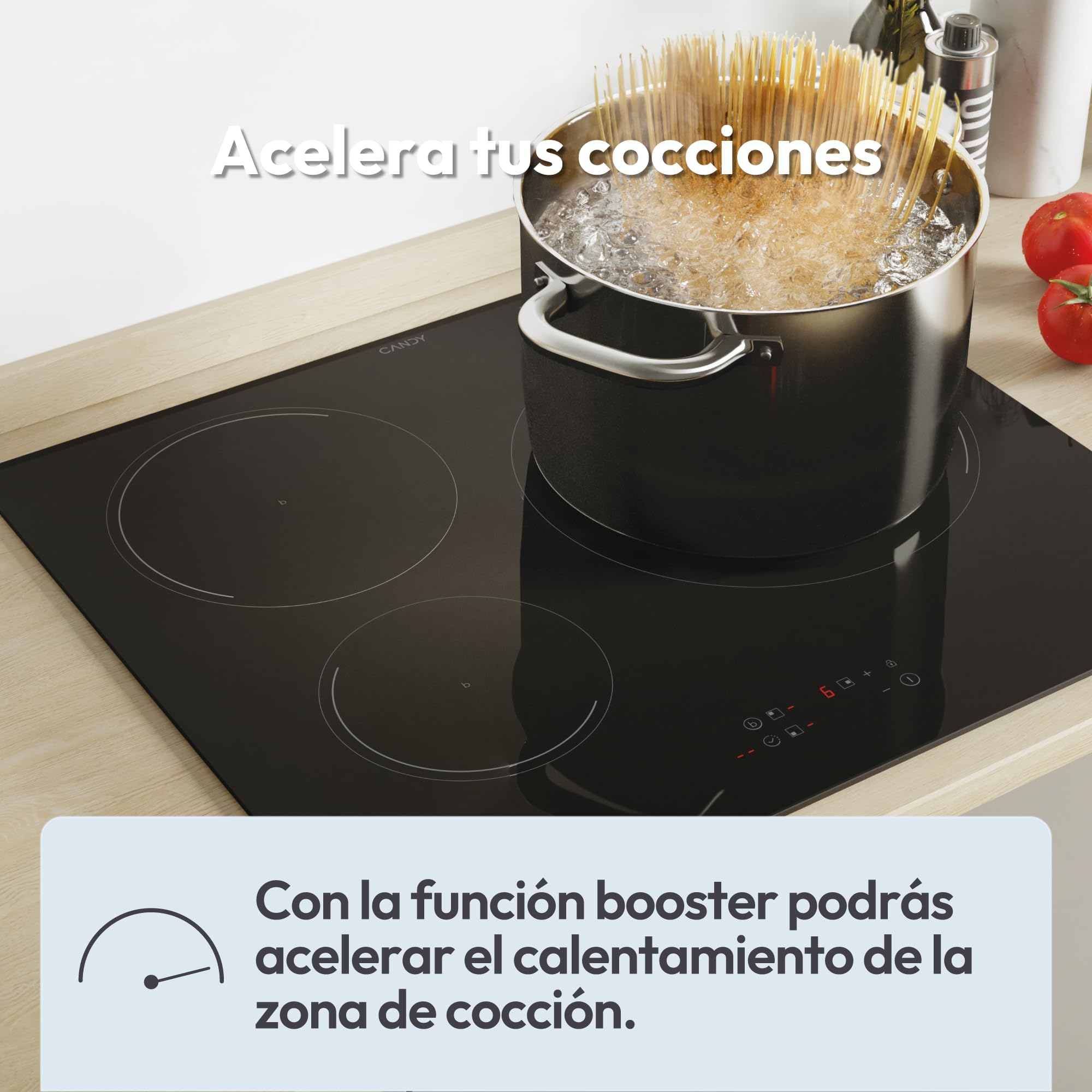 Candy CI633C/E14U, Placa Inducción, 3 Zonas, 60CM, 9 Niveles de Potencia y Booster, 7,2KW, Mandos Centrales, Indicador de Calor, Bloqueo de Seguridad, Alerta Sobrecalentamiento y Derrames, Negro