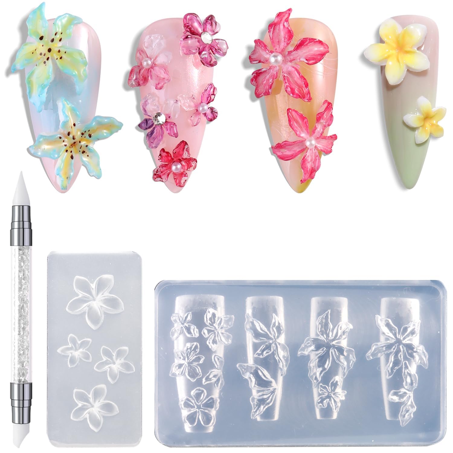 3Pcs Silicone Nail Molds Tools, Nail Art Tool, Reusable Clear 3D Flowers Nail Art Molds with Carving Pen, Cherry Blossom Plumeria Hibiscus Flower Nail Design Manicure Template