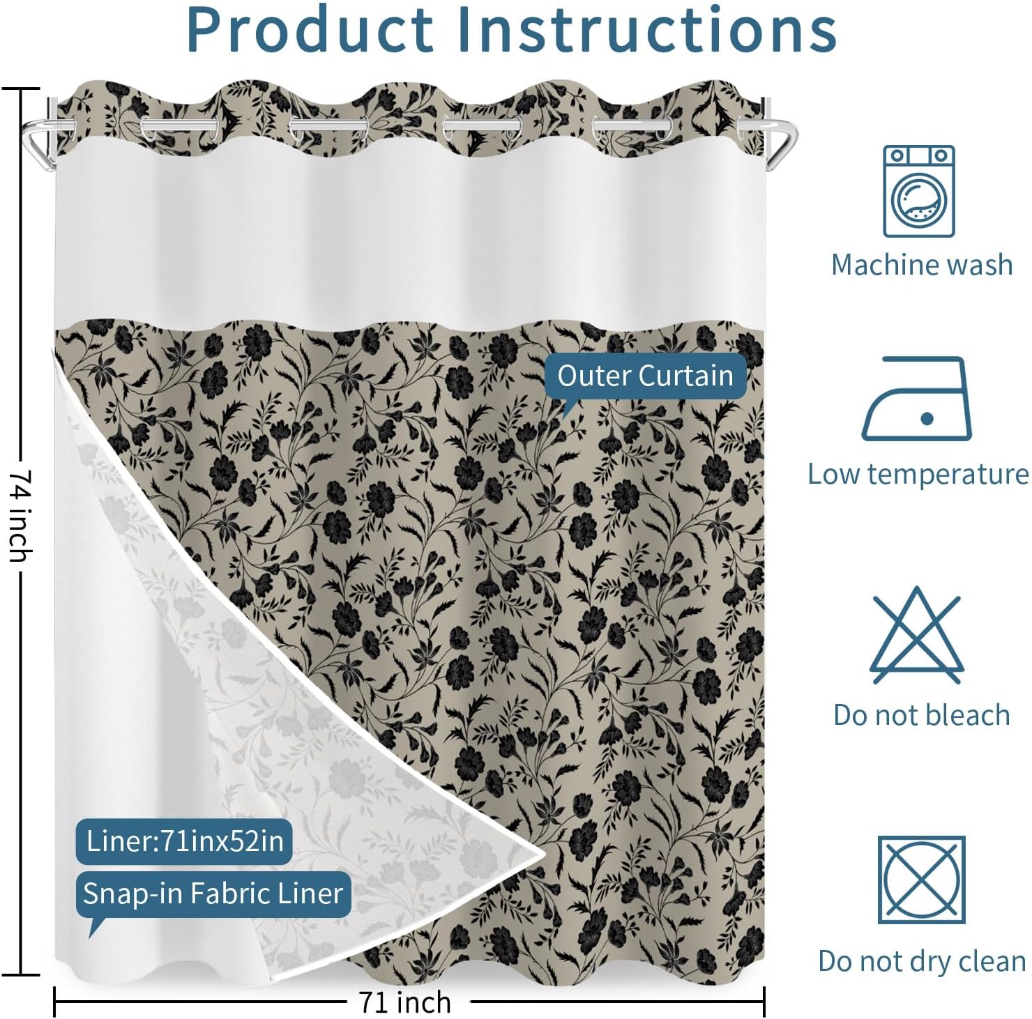 Boho Floral No Hook Shower Curtain with Snap in Liner Set 71x74 in image 2