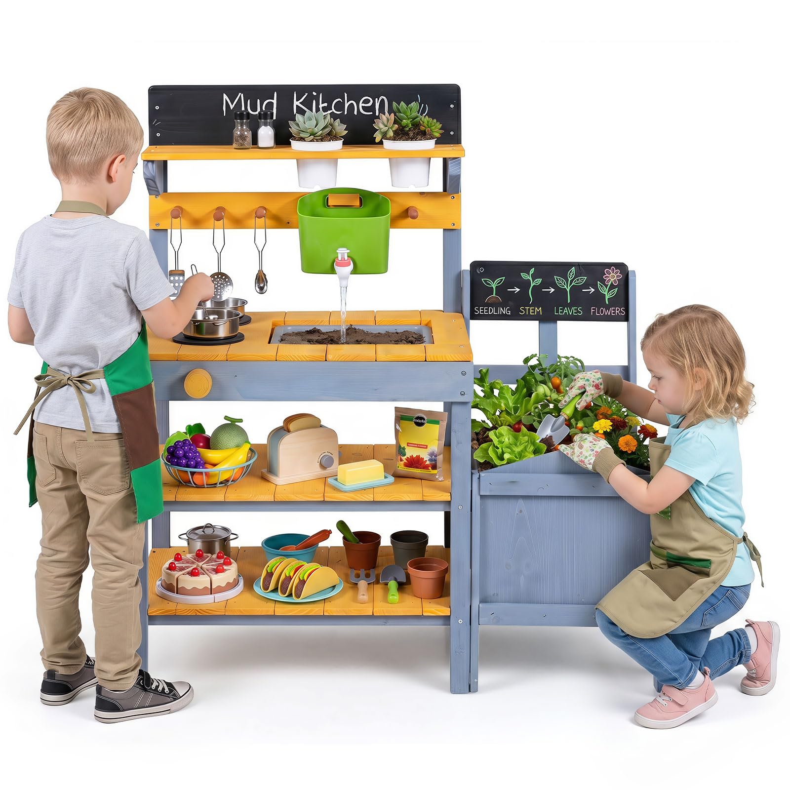 COSTWAY Cocina de Barro Exterior para Niños, Cocinita de Madera Infantil | con Jardinería, Estantes, Pizarras, Fregadero, Depósito de Agua, Macetas, Sartén, Juego de Rol para 3+ Años