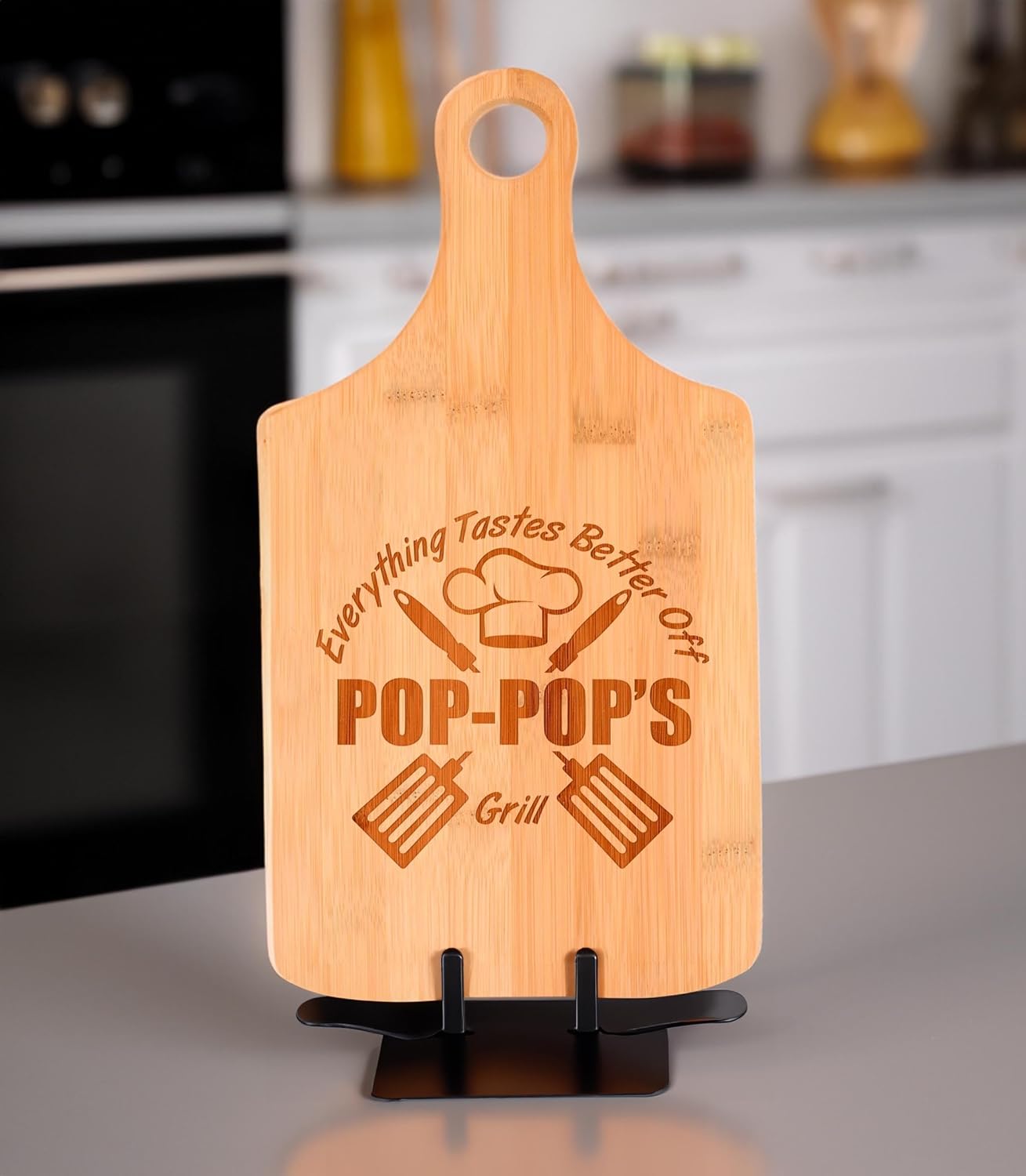 Father's Day Gifts for Grandpa Everything Tastes Better Off Pop-Pop's Grill Decorative Paddle Shaped Wood Serving Board