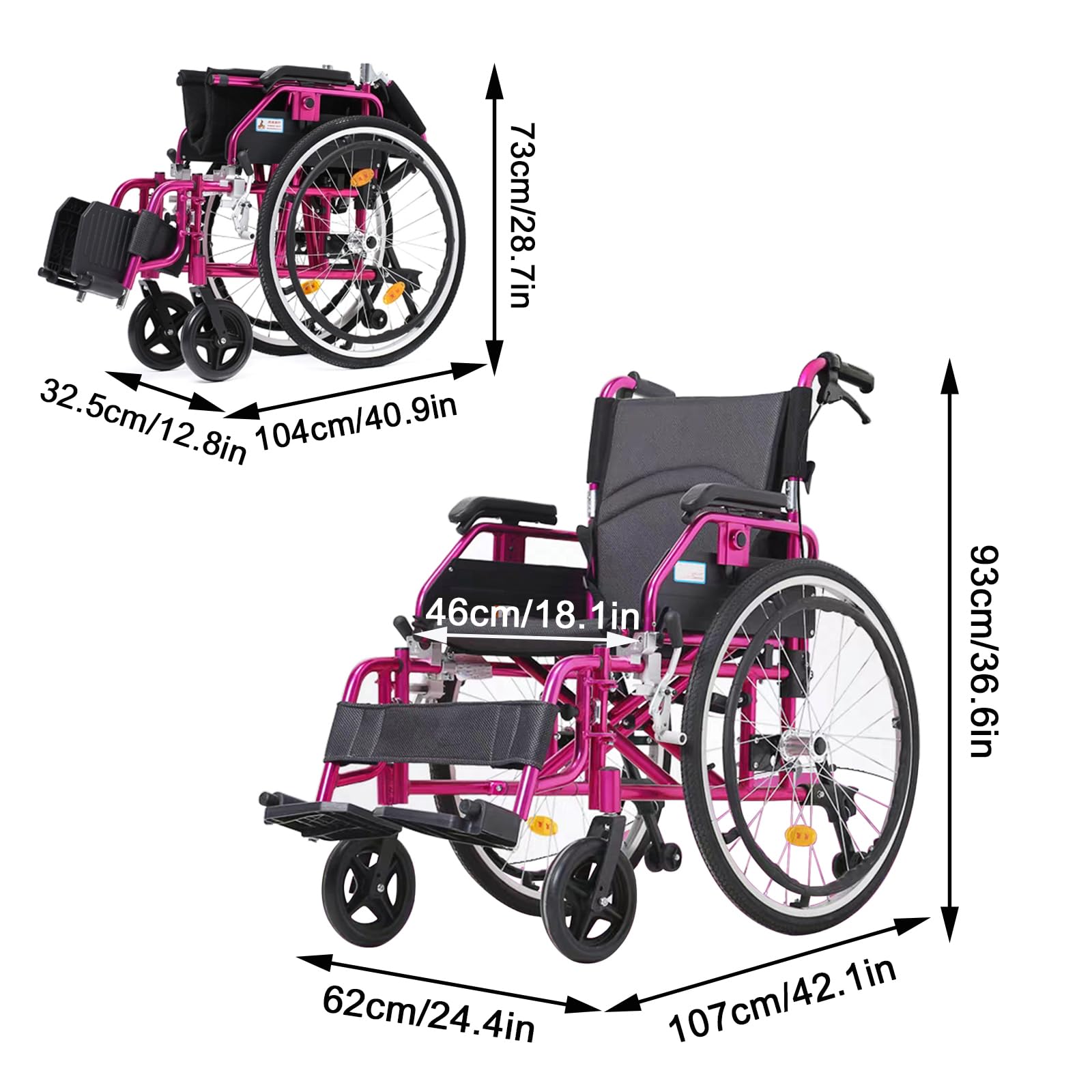 Silla de Ruedas Ligera para Adultos, Silla de Ruedas Plegable Ultra-Ligera de Aluminio, sillas de Ruedas manuales autopropulsadas,Reposapiés abatibles, Reposabrazos Acolchados