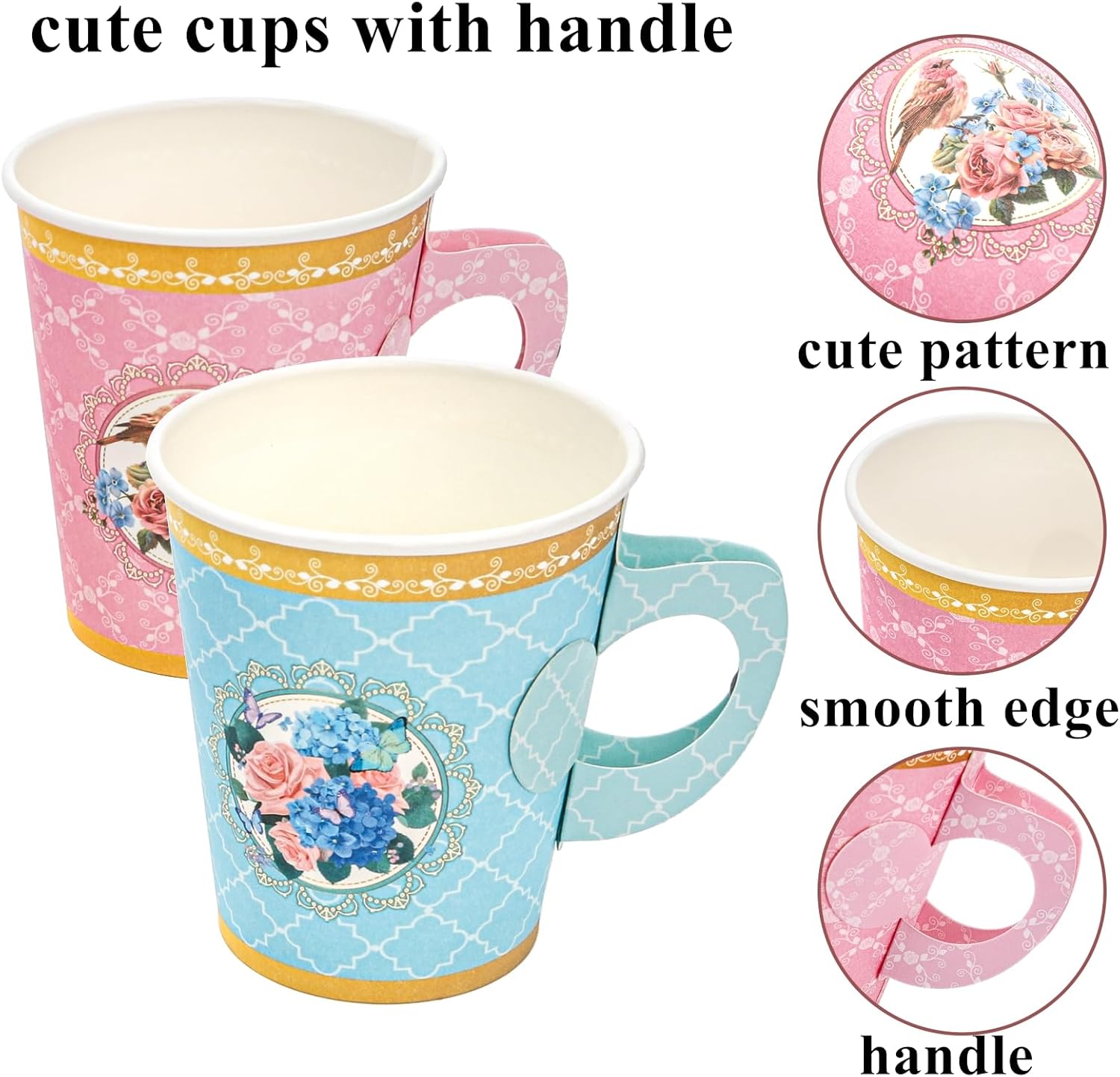Tebery 204 Pcs Floral Tea Cups and Saucers Set, Disposable Paper Tea Cup with Handle Saucer Plate Napkin, Tea Party Supplies Set for Tea Party Decorations Birthday Wedding Bridal Shower