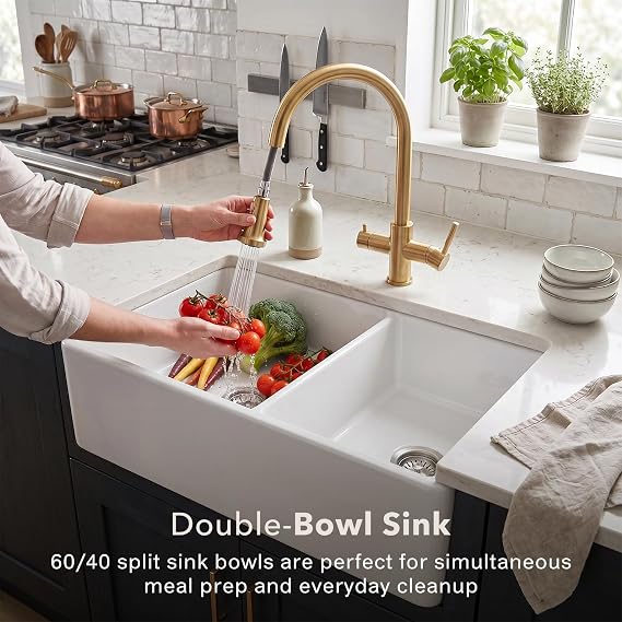 Houzer Platus Fireclay Series Farmhouse Sink - 33 Inch Undermount Apron Front Farm Sink with Double Bowl for Kitchen, Durable, Chip and Crack Resistant, Ideal for Home or Apartment - PTD-6040 WH