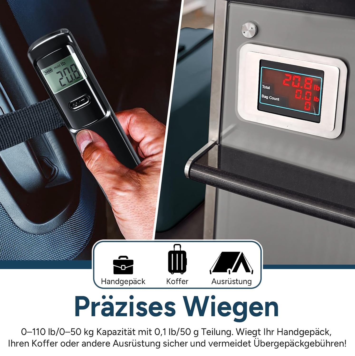 Kofferwaage Digital Bis 50kg Akkufrei Tragbar Schwarz Tara Hold kg/lb Wechsel