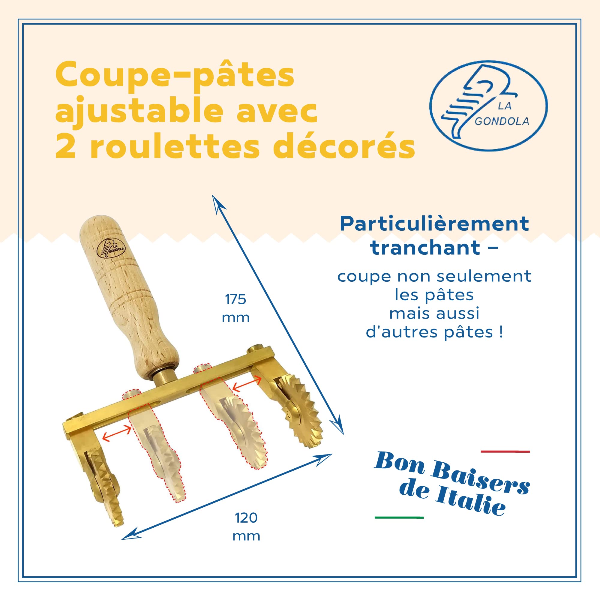 La Gondola Roulette Coupe-Pâtes - Roue Réglable (2x Décoré) | Outil de Préparation des Fait Maison Pâtes | Laiton & Bois Naturel Roulette Découpe | Sûr & Facile | Roulette à Ravioli Fabriqué en Italie