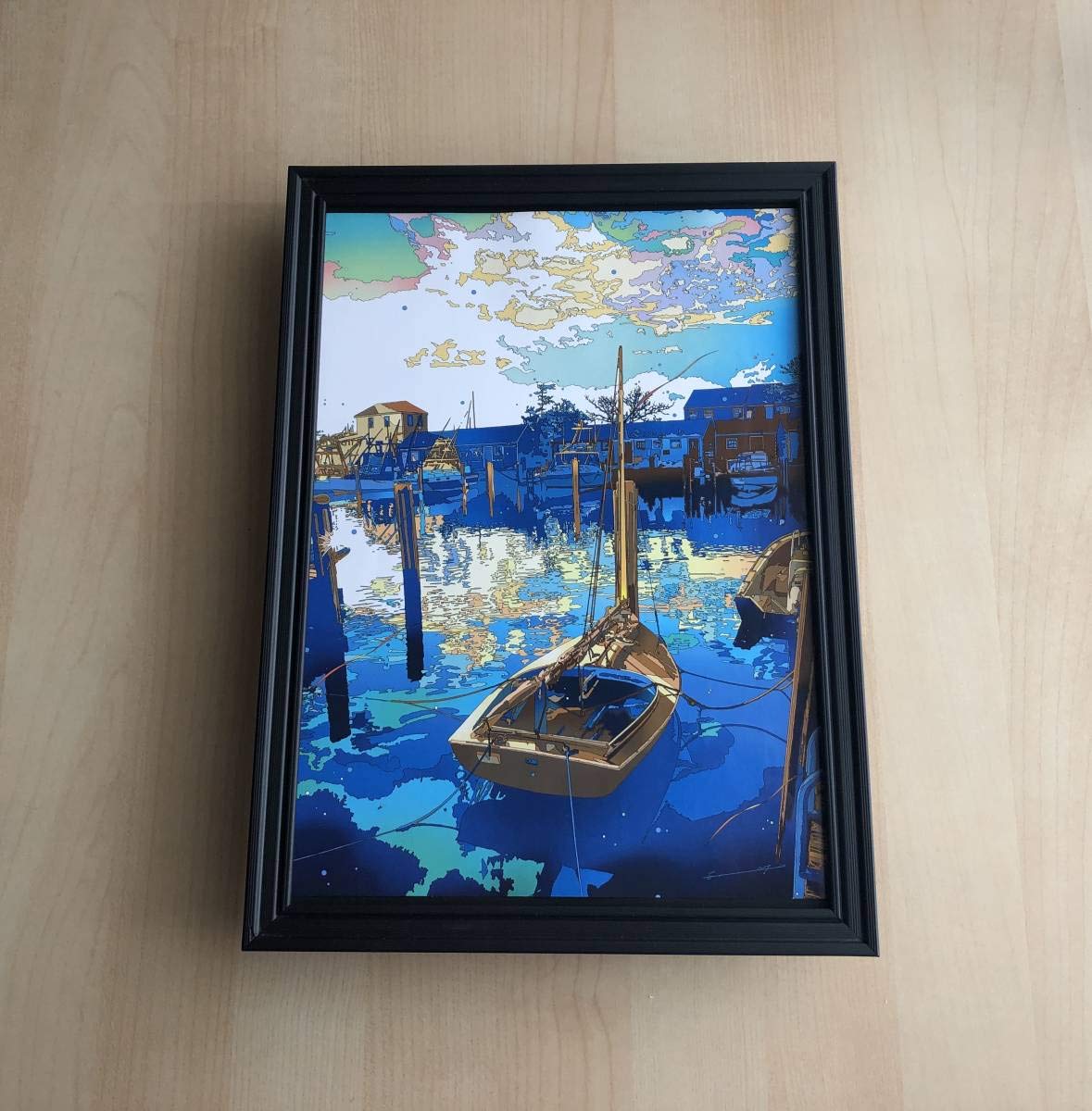 Amazon Co Jp Kj 額装品 鈴木英人 イラスト ヨットハーバー 作品 額入り ポスター風デザイン サーフアート 山下達郎 永井博 大滝詠一 Cd Lp ホーム キッチン