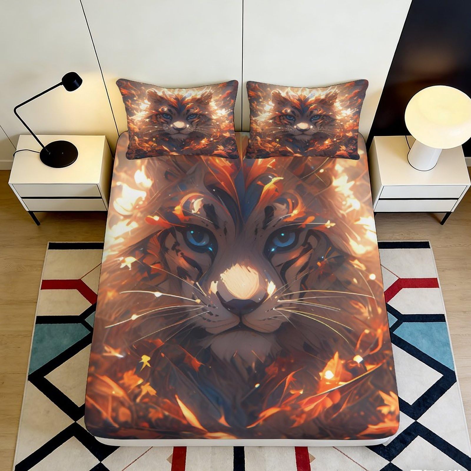 3D Printed Lion Face Fitted Sheet Microfiber Soft Anti-Slip Tiger Eyes Mattress Cover for Bedroom Dorm Easy Care Decor 90x200x25cm