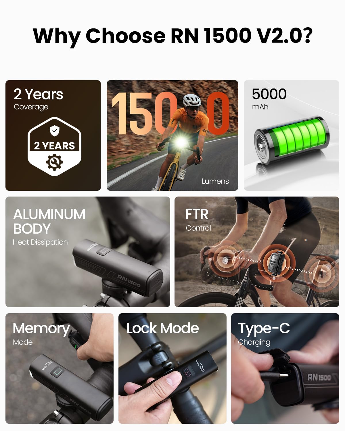 Magicshine RN1500 V2.0 Lampe de vélo Intelligente 1500 lumens, Rechargeable par USB-C IPX7, étanche, éclairage Avant de Cyclisme pour Route, vélo de Montagne Urbain, Conduite de Nuit