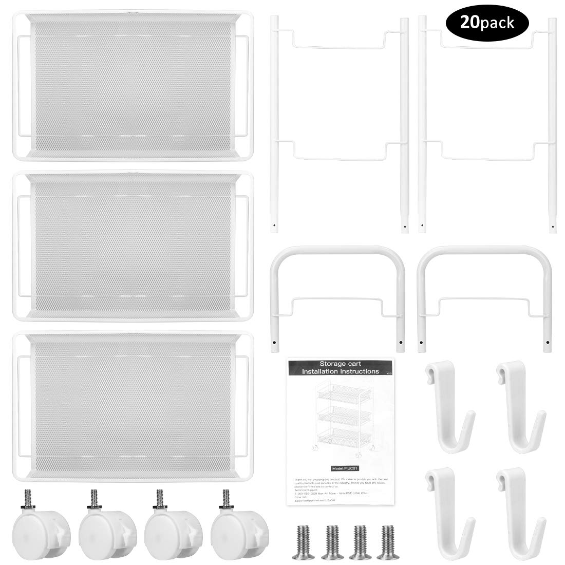 Carrello portaoggetti, con Ruote in Rete Carrello Portaoggetti Mobile in Metallo Multiuso con Due Ruote Bloccabili e Quattro Ganci, per Cucina, Bagno, Soggiorno, Studia, Camera da Letto (Bianca)