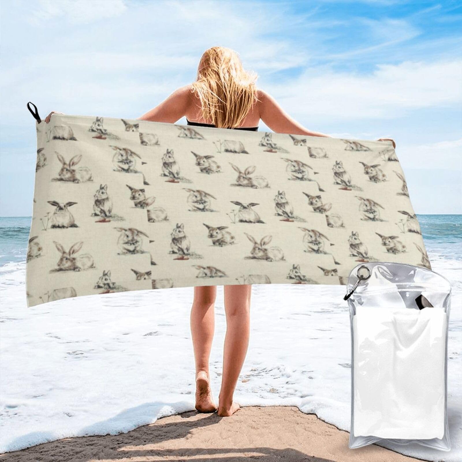 SDEGTHO Rabbit Background Print Beach Towel Quick Dry Portable For Swimming Yoga Adults Fitness